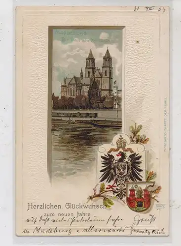 0-3000 MAGDEBURG, Dom, Reichswappen, Stadtwappen, Präge-Karte, 1903