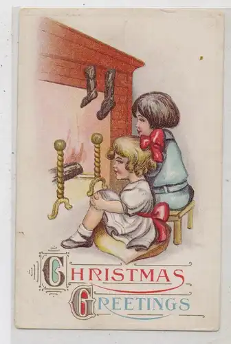 KINDER - 2 Mädchen vor Kamin und Weihnachtsstrümpfen, Präge-Karte / embossed / relief, 1916