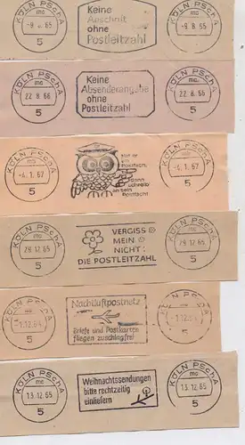 5000 KÖLN, Postgeschichte, 22 versch. Maschinenwerbestempel, Poscheckamt, aus den 60er & 70er Jahren, insges. 60 Stcük