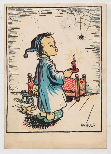 KINDER - Junge im Schlafanzug, Kerze, Schlafmütze, Spinne, Künstler Arnulf, 1951