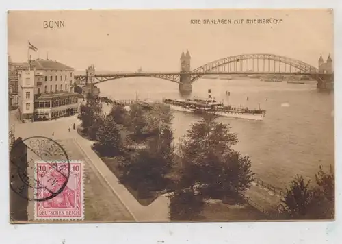 5300 BONN, Rheinanlagen mit Rheinbrücke, KD - Dampfer am Anleger, 1907