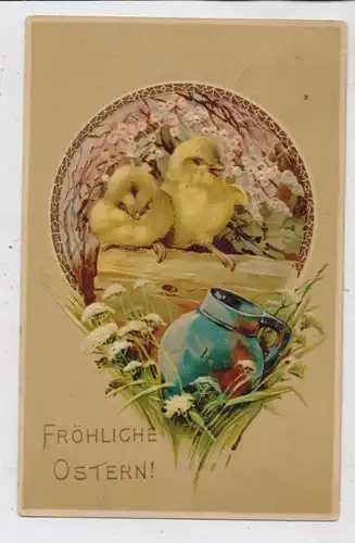 OSTERN - Vogelpaar, Wasserkrug und Feldblumen, Präge-Karte / embossed / relief, 1911