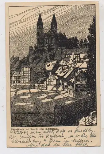0-4300 QUEDLINBURG, Schloßkirche mit Krypta vom Schiffbleek, Künstler-Karte Lüttgens