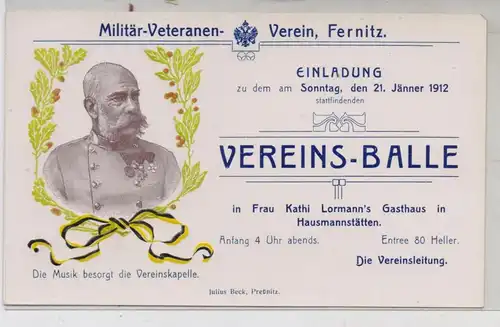A 8072 FERNITZ, dekorative Einladungskarte Militär-Veteranen-Verein, 1912, 16,3 x 10 cm, keine AK