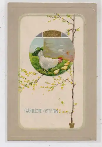 OSTERN - Henne mit Küken, Präge-Karte / embossed / relief, 1909, kl. Druckstelle