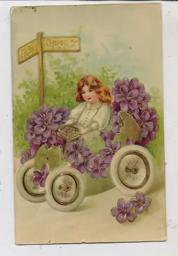 OSTERN - Frohes Osterfest, Mädchen in Blumenauto, Reliefkarte, 1909