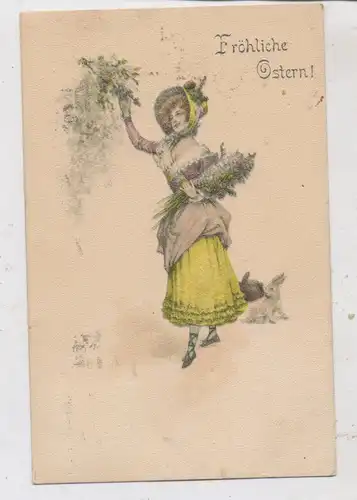 OSTERN - Fröhliche Ostern, Elegante Dame mit Blumen und Hase, Brüder Kohn - Wien # 4015 - 8