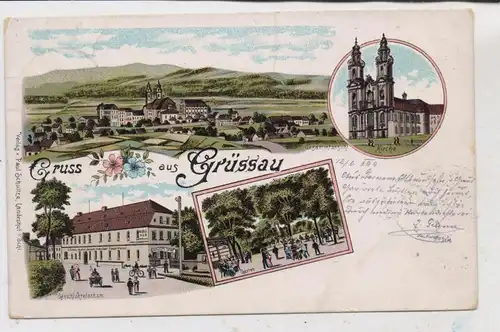 NIEDER - SCHLESIEN - GRÜSSAU / KRZESZOW (Landeshut), Lithographie 1899, Gasthaus & Geritschkretscham Wenzel