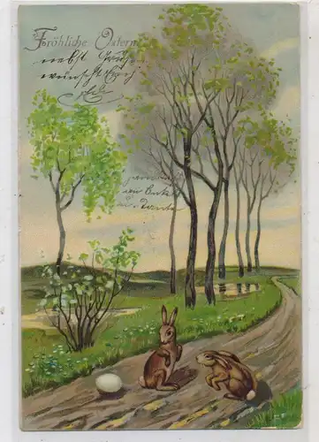 OSTERN - Szene mit 2 Hasen und Ei auf einer Strasse, ca. 1900