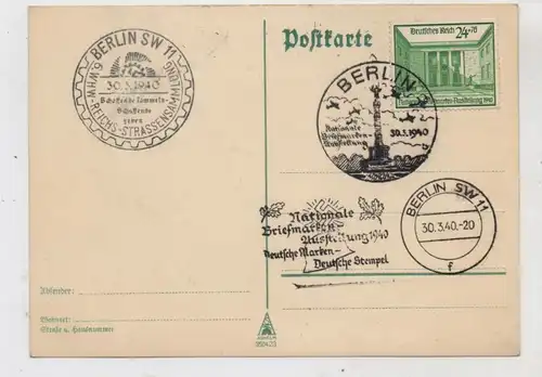 1000 BERLIN, Postgeschichte 1940, 3 Sonder- und Maschinenstempel auf GA, Nation. Briefmarkenausst. & WHW