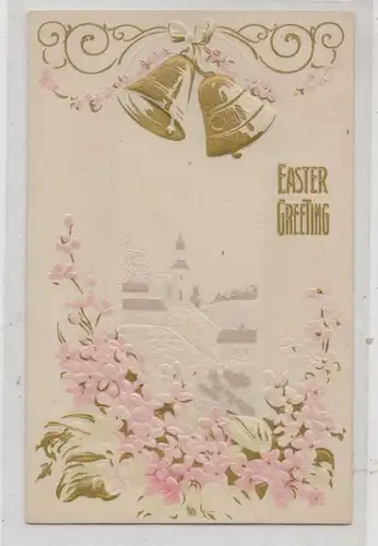 OSTERN / EASTER Greetings, Osterglocken über Kirche und floralem Muster, geprägt / embossed / relief