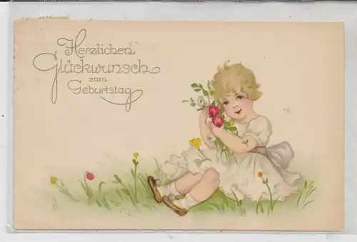 KINDER - Mädchen mit Blumen auf einer Wiese, Künstler-Karte Hannes Petersen, Meissner & Buch Serie 2827, 1926