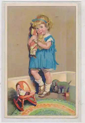 KINDER - Mädchen mit Spielzeug, kl. Druckstelle, Künstler-Karte F.T. Hunter, Verlag Meissner & Buch # 3158