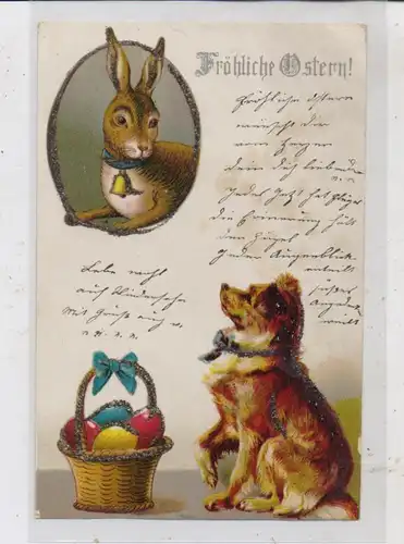 OSTERN - Hund, Hase, Osterkorb, Abbildungen mit Glitzerrand, 1903