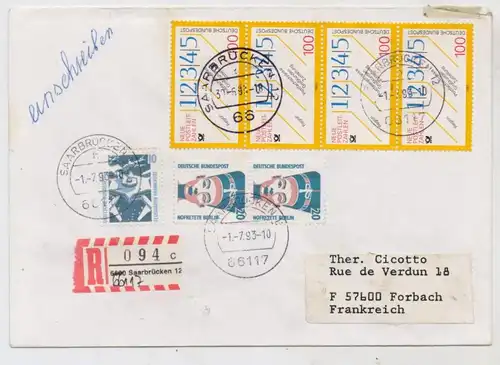 6600 SAARBRÜCKEN, Postgeschichte, R-Brief mit handschriftl. geänderter PLZ von 4 auf 5-stellig, 1.7.1993 mit E-Zettel