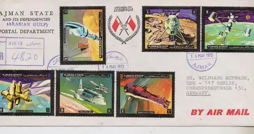 UAR - AJMAN - 16.5.1972, Michel 1298 - 1302, Spacecraft, Postal Department R-Mail to East Germany (FDC ?)