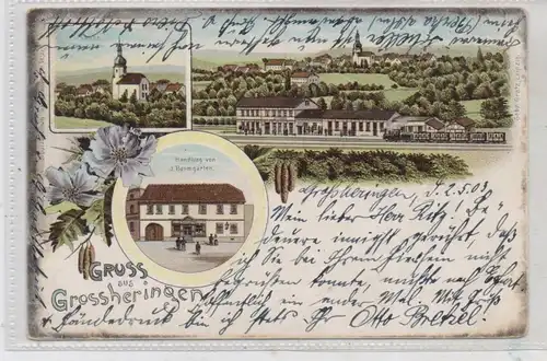 0-5321 GROSSHERINGEN, Lithographie, Handlung von J. Baumgarten, Bahnhof, Kirche