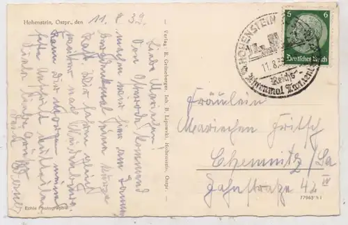 OSTPREUSSEN - HOHENSTEIN / OLSZTYNEK, Tannenberg - Denkmal, 1939, Sonderstempel