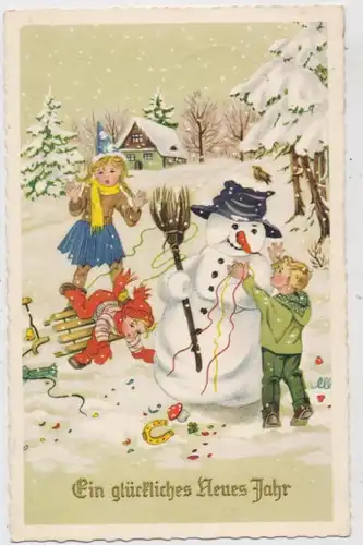 NEUJAHR - SCHNEEMANN / Snowman / Sneeuwpop / Bonhomme de neige und spielende Kinder, 1960