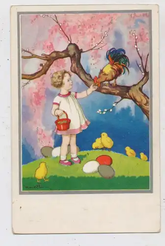 OSTERN - Mädchen füttert Hahn und Küken, 1928