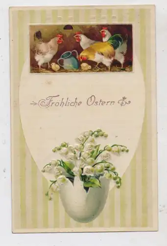OSTERN - Hühner mit Küken, Pflanze in Eierschale, Präge-Karte /embossed / relief, 1911