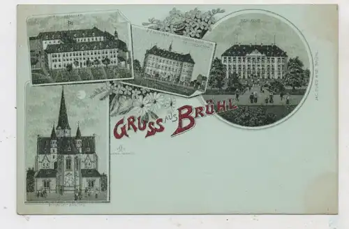 5040 BRÜHL, Lithographie ca. 1900, Pfarrkirche, Seminar, Pensionat, Schloß