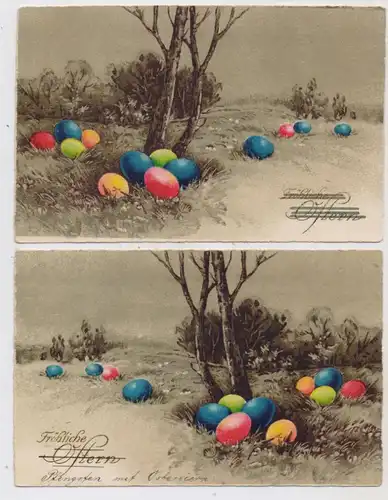 OSTERN - Bunte Eier über die wiese verstreut, 2 AK, 1928