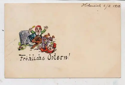 OSTERN - 2 Zwerge, Hase, Werbekarte für Vydra's Schwamm Konserven, 1912