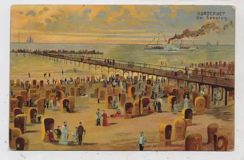 2982 NORDERNEY, Der Seesteg, belebte Szene, Künstler-Karte, 1908