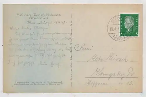 WESTPREUSSEN - MARIENBURG / MALBORK, Hochschloß, Südost-Ansicht, 1931, Poststempel STUHM