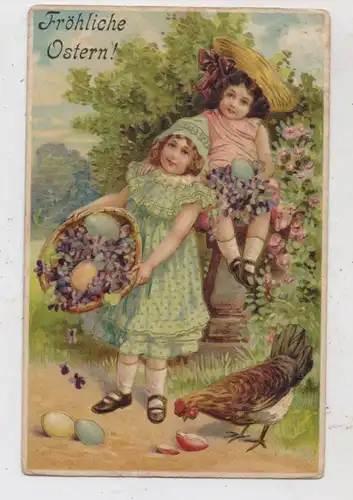 OSTERN - Kinder mit Blumenkorb Eiern und Huhn, Präge-Karte / embossed / relief, stamp missing