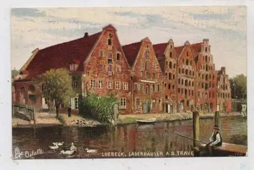 2400 LÜBECK, Lagerhäuser an der Trave, Angler, Künstler-Karte TUCK - Oilette, rücks. kl. Abrieb