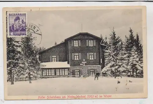A 2872 PINGGAU - SCHEUEREGG, Haller Schutzhaus am Nieder-Wechsel im Winter, kl. Einriss
