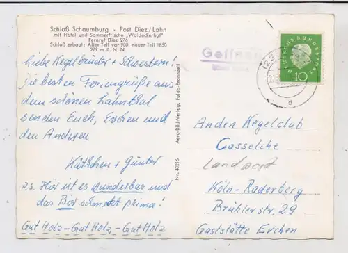 6252 DIEZ, Schloß Schaumburg und Umgebung, Luftaufnahme, Landpoststempel "Geilnau über Diez", 1960