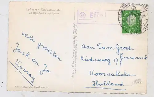 5372 SCHLEIDEN, Olef - Brücke und Schloß, Landpoststempel "Effelsberg über Münstereifel", 1959