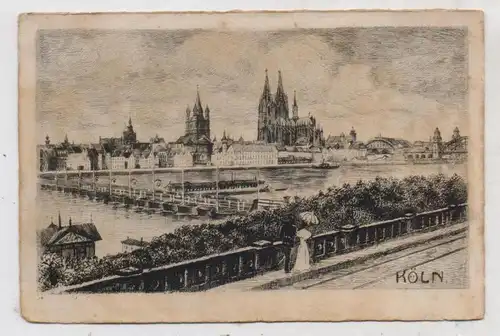 5000 KÖLN - DEUTZ, Rheinufer an der Schiffsbrücke, Künstler-Karte 1919