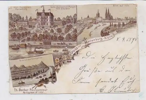 5000 KÖLN - MARIENBURG, Lithographie 1895, Hotel Marienburg, Rheinschiffe..., Seiten beschnitten, kl. Einriss