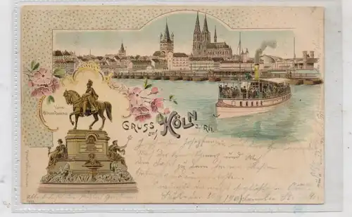 5000 KÖLN, Schnellfähre Köln - Deutz, Schiffsbrücke, Denkmal Kaiser Wilhelm, Litographie 1900