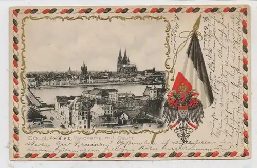 5000  KÖLN - DEUTZ, Blick auf die Schiffsbrücke und Köln, Präge - Stadtwappen und - Kaiserfahne, 1908, dekorativ