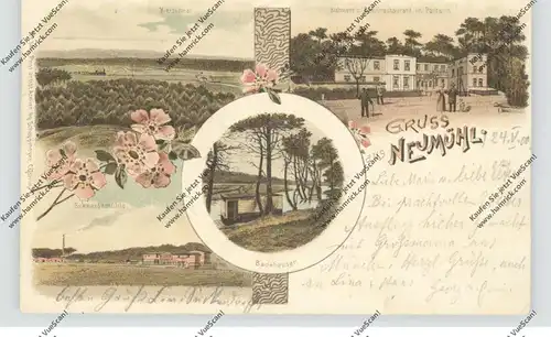 NEUMARK - NEUMÜHL / NAMYSLIN (Königsberg), Lithographie, Schneidemühle, Bahnrestaurant, Mietzelthal, Badehäuser