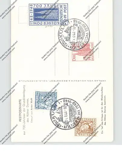 5000  KÖLN, EREIGNIS, 700 Jahr Feier Kölner DOM, 1948, mit dazugehörigen Briefmarken, Ersttag (Katalogpreis 70,-)