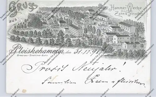 NEUMARK - PLEISKEHAMMER (Crossen), Lithographie 1899, Hammer-Werke, Breslau-Stettiner-Bahn
