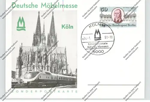 5000 KÖLN, EREIGNIS, Spnderpostkarte Deutsche Möbelmesse 1981, TEE-Zug