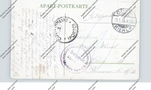 5000 KÖLN, Postgeschichte, Nachgebühr, PORTO-Stempel 1916, Feldpost Berg. Feldart. Regt. Nr.59