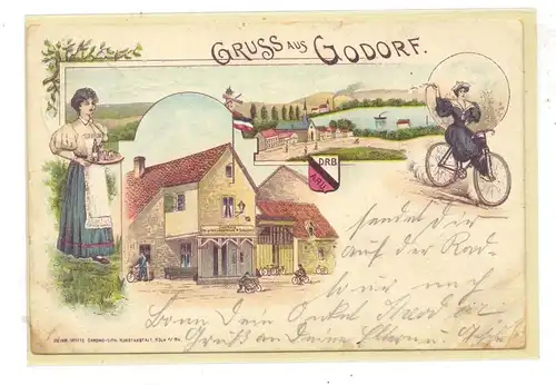 5000 KÖLN - GODORF, Lithographie 1901, Gasthaus "Im alten Jägerhaus", Deutscher Radfahrer Bund