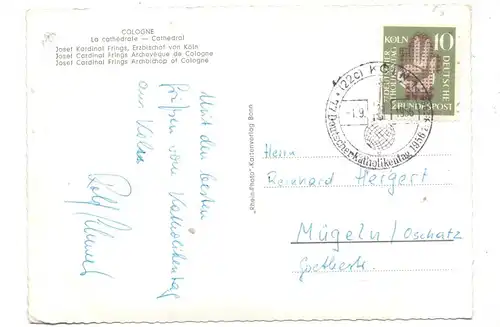 5000 KÖLN, KÖLNER DOM, Luftaufnahme, Kardinal Frings, Sonderstempel Deutscher Katholikentag 1956
