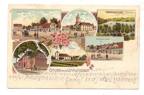NEUMARK - UNRUHSTADT / KARGOWA, Lithographie, Präparanden-Anstalt, Ev. Kirche, Rathaus, Neuer Markt, Markt westl.