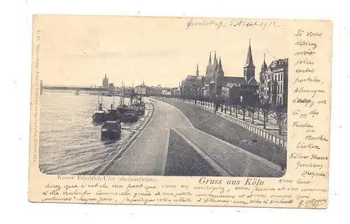 5000 KÖLN, Kaiser Friedrich Ufer, rheinaufwärts von der Bastei, Binnenschiffe, 1902