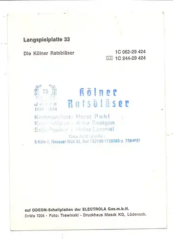 5000 KÖLN, MUSIK, Die Kölner Ratsbläser, Schallplatten - Werbekarte
