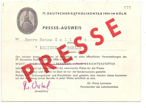 5000 KÖLN, EREIGNIS, 1956, 77. Deutscher Katholikentag, Presseausweis